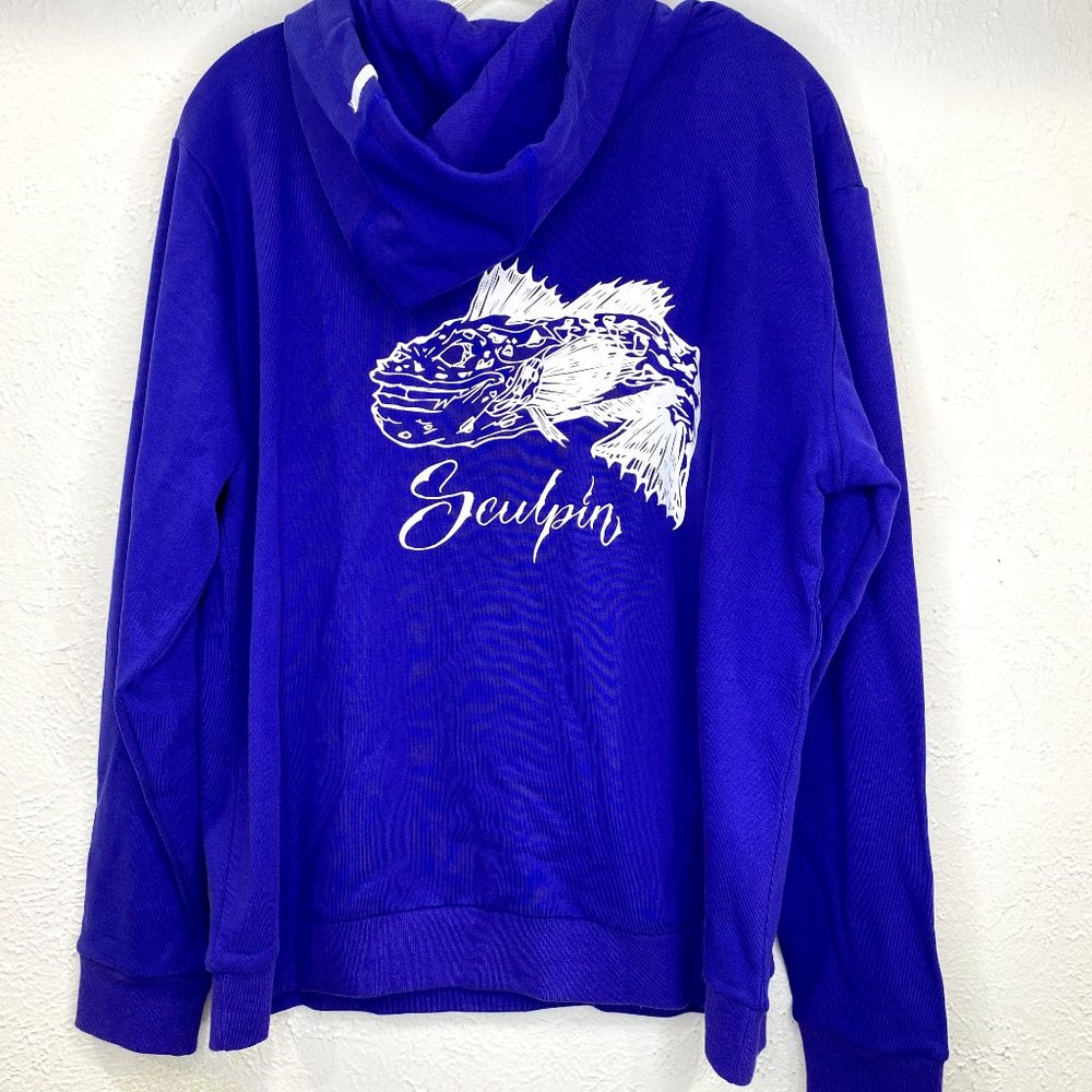 RodBending Industry, NWT, Sculpin deep sea blue hoodie, men's size Medium.